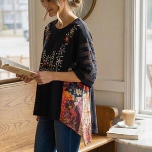 POL Boho Waffle Knit Top | Embroidered Patchwork | Bohemian Boutique | Small